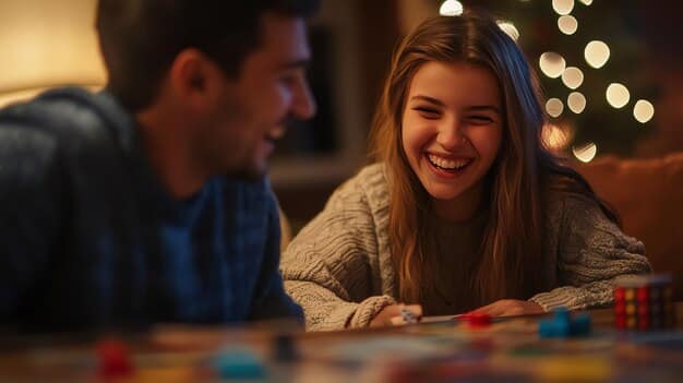 A couple laughing genuinely while playing a board game, surrounded by a comfortable, inviting atmosphere, full of light and joy.