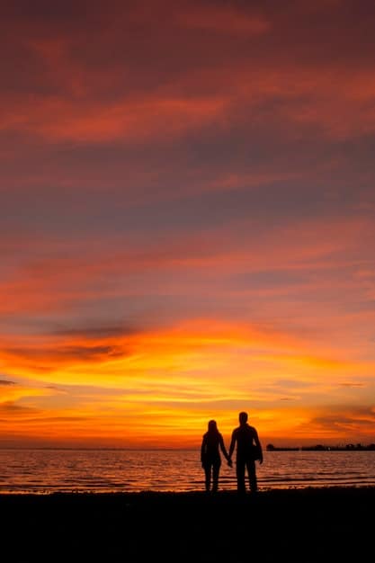 A couple holding hands and looking out over a stunning sunset, symbolizing unity and the beauty of shared quiet moments.