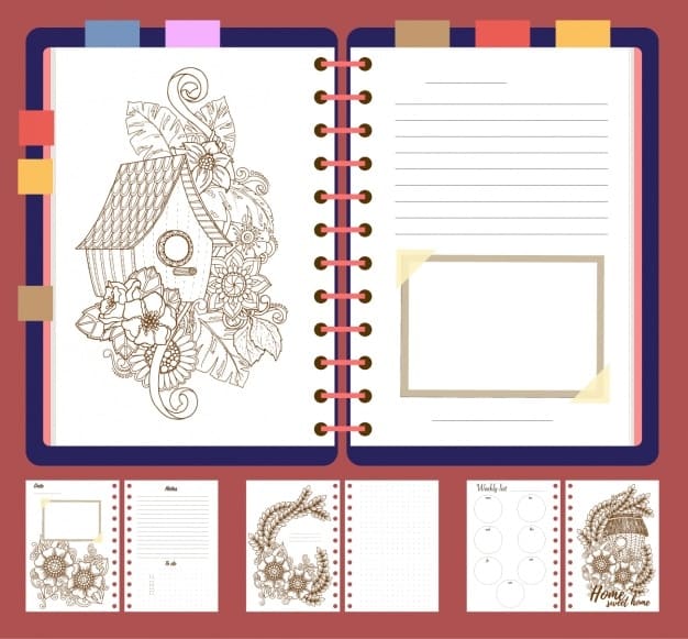 A detailed, stylized planner or journal page open to a 