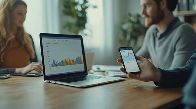 A split screen showing two parts: one side a financial app with charts on a smartphone, the other side a couple discussing finances over a laptop with a budgeting software open.