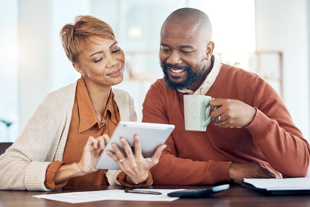 A diverse US couple sits across a coffee table, holding hands reassuringly, with a joint budget spreadsheet open on a tablet between them, symbolizing mutual support during financial discussions.