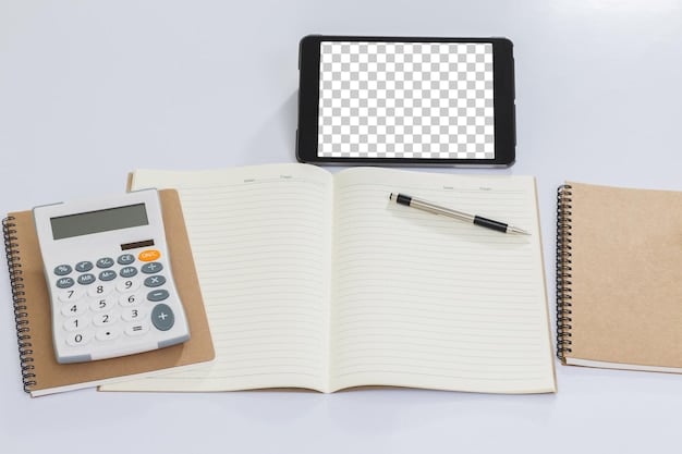 A detailed flat lay of financial documents, a calculator, a notepad, and two hands (one male, one female) pointing at different parts of a ledger with a pen, illustrating systematic joint financial management and shared responsibility for US couples.