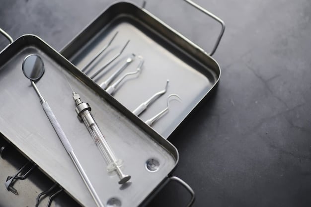 A detailed shot of dental instruments on a tray, ready for use, symbolizing professional care and the tools needed for comprehensive dental examinations.